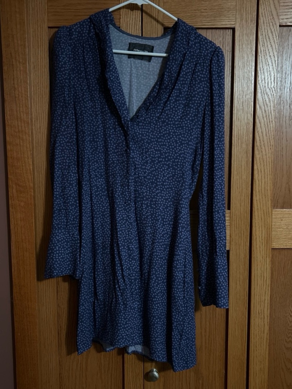 Reformation Navy Long Sleeve V-Neck Printed Dress